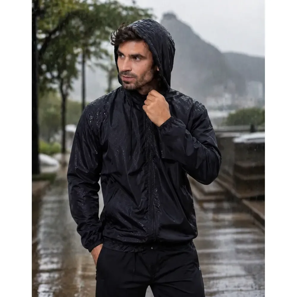 Jaqueta Corta Vento Masculina Impermeável Capuz Zíper Bolso Preto P Lisa