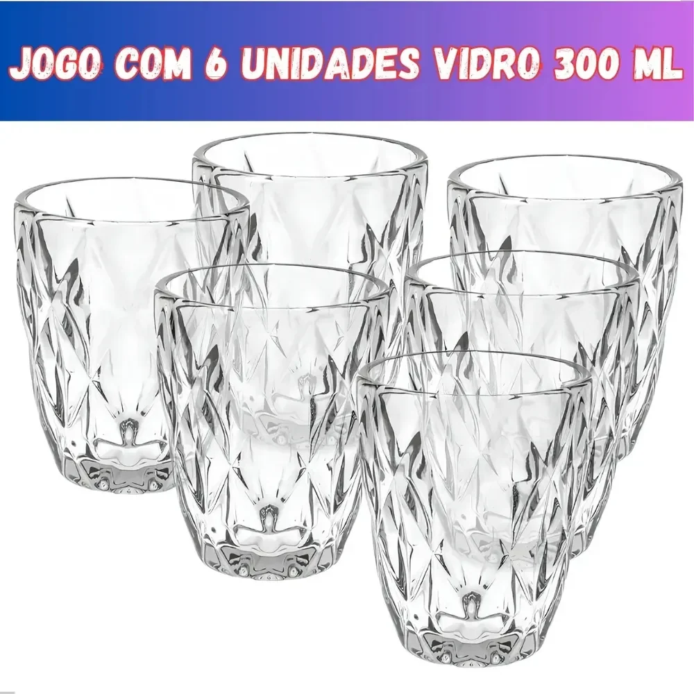 Jogo 6 Copos Vidro Diamante Grosso Resistente 300ml