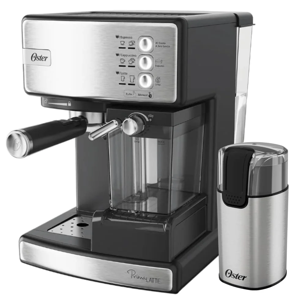 Oster Kit Cafeteira Nova PrimaLatte Inox e Moedor de Café Elétrico Inox Oster - 220V