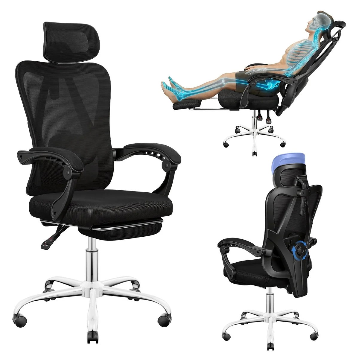 Cadeira de Escritório Ergonômica Costas Altas com Apoio de Cabeça e Lombar Ajustáveis, Cadeira de Computador em Mesh Transpirável, Com Apoio para os Pés Retrátil, Giratória 360° para Home Office