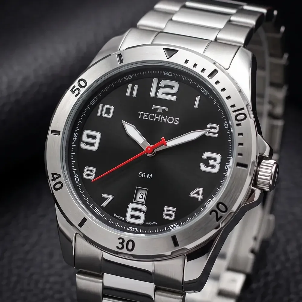 Relógio Masculino Technos Prata Militar Fundo Preto Aço Inox Prateado