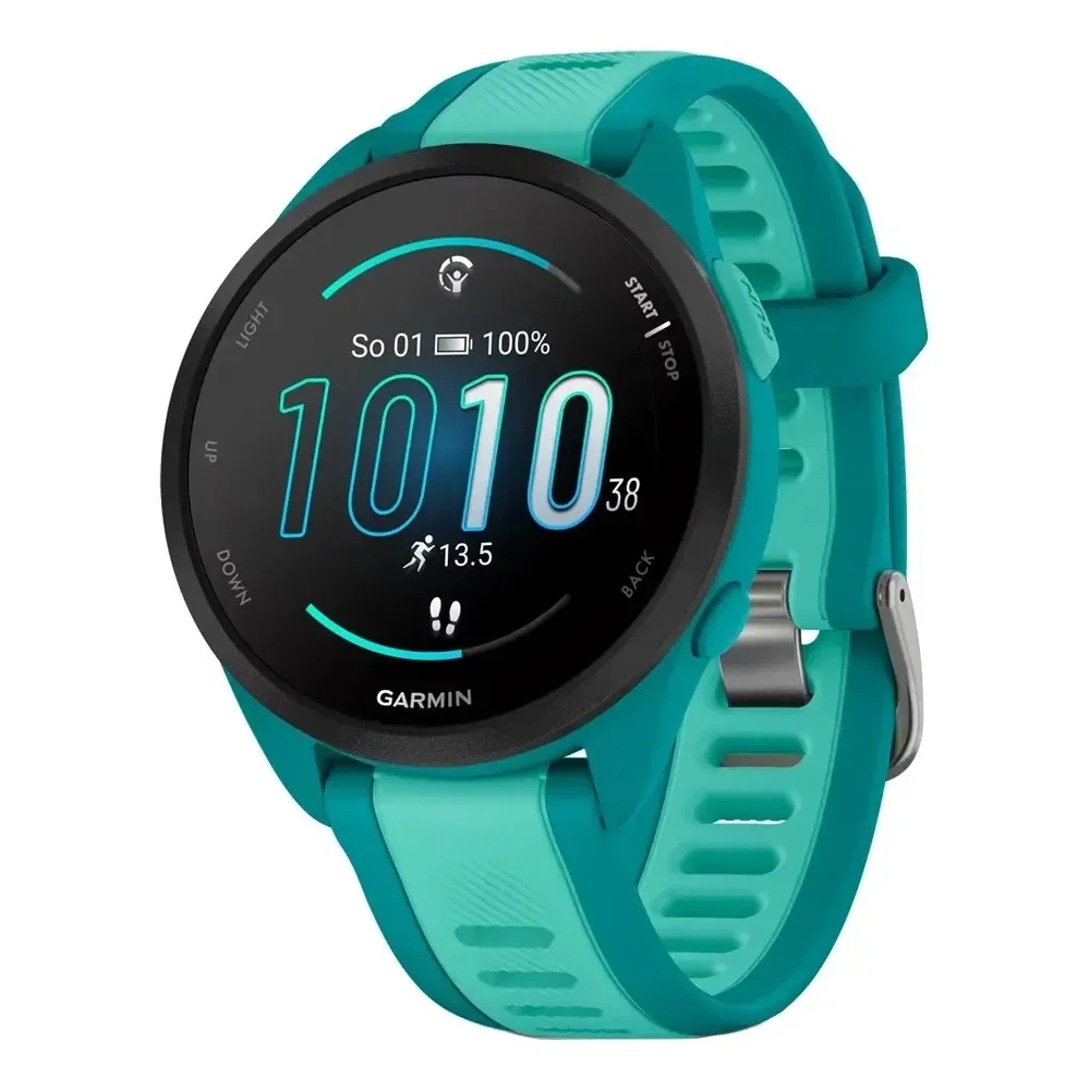 Relógio Garmin Forerunner 165 Music Amoled Turquoise 43 Mm C Caixa Azul-turquesa Pulseira Azul-turquesa Bisel Preto Desenho Da Pulseira Mesh Esportivo