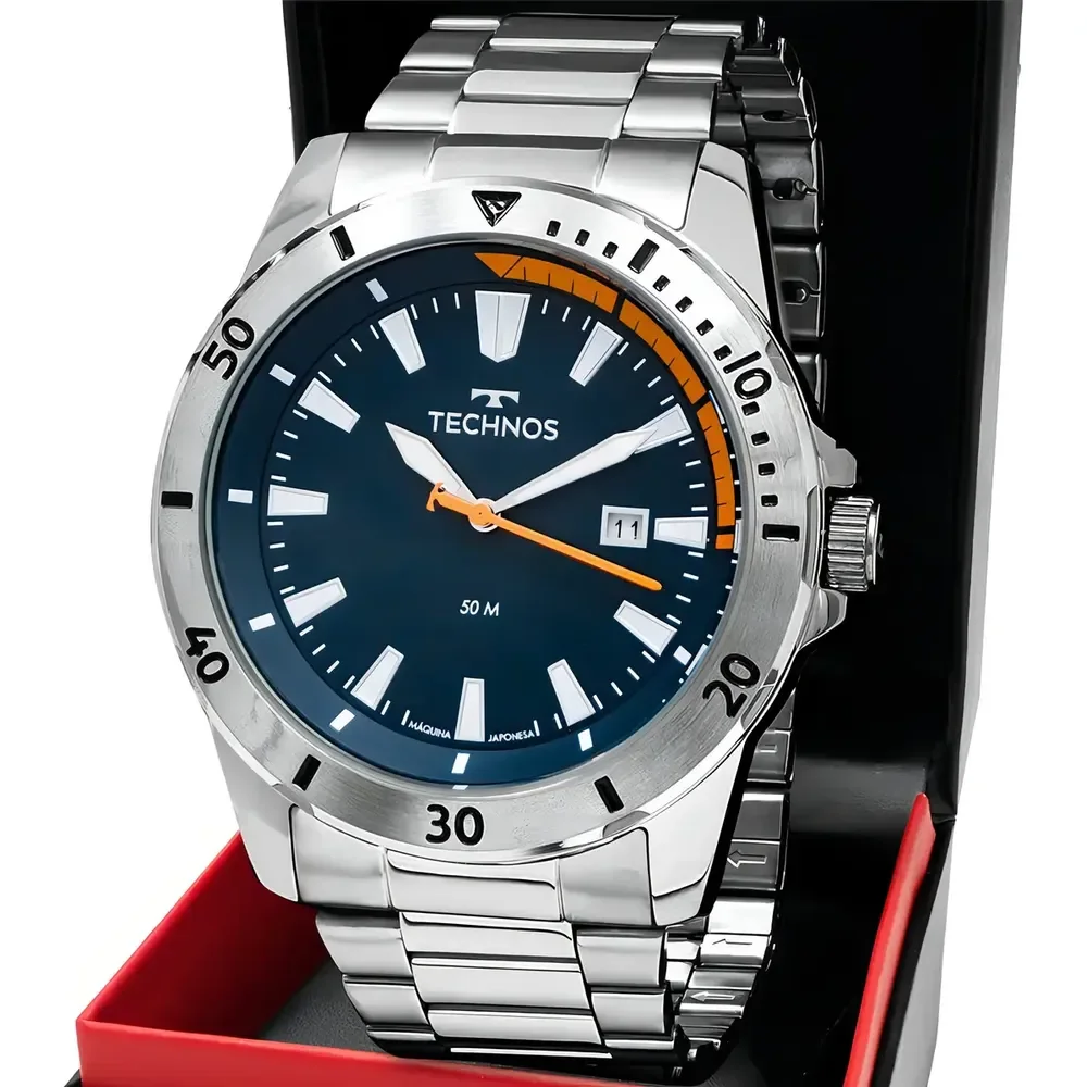 Relógio Technos Militar Masculino Aço Inox Prata Fundo Azul 50m Água