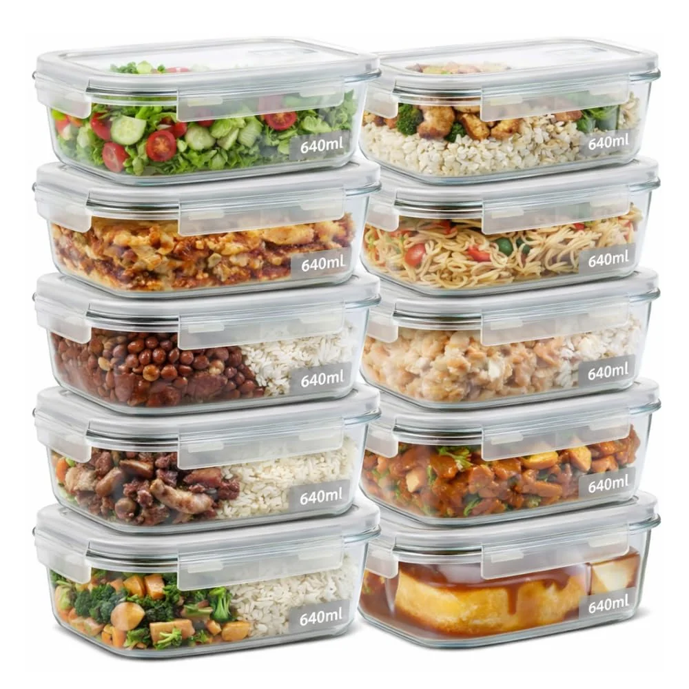 Kit 10 Potes de Vidro Herméticos 640ml com 4 Travas Ideal para Marmitas e Conservação de Alimentos, Vedação Total, Refratário para Forno e Freezer