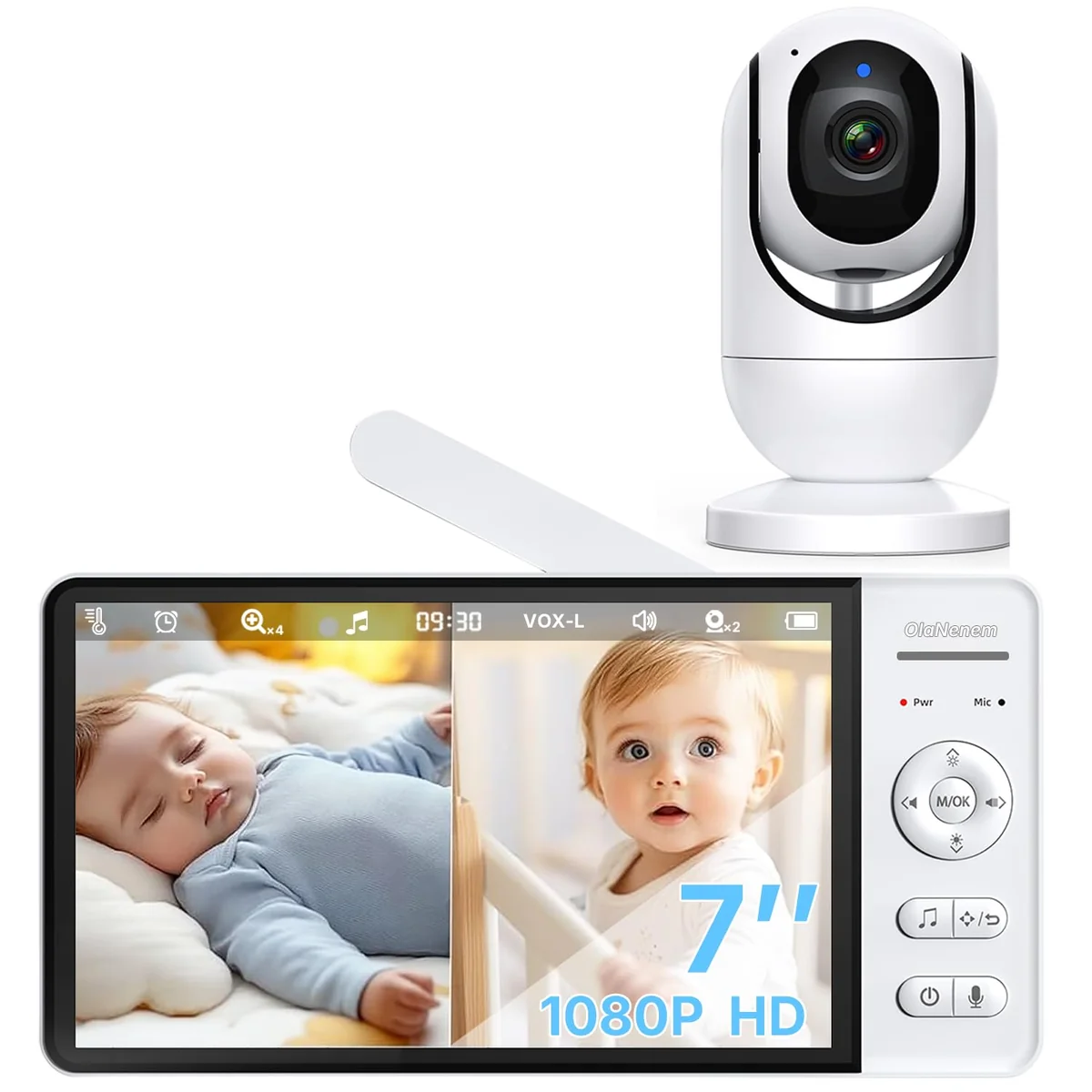 Babá Eletrônica OLANENEM, Tela IPS 7", HD 1080p, Visão Noturna, Alcance 300m, Comunicação Bidirecional, Bateria 5000mAh, Sem WiFi, Cartão SD até 32GB