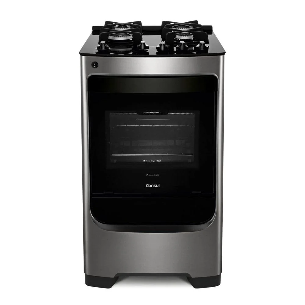 Fogão Consul 4 bocas cor Inox com mesa de vidro e grade de ferro fundido - CFO4VAR BIVOLT