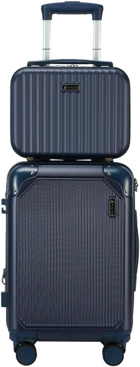 Mala de Viagem de Bordo 10Kg Zíper EXPANSÍVEL Padrão ANAC Rígida Rodas duplas 360° Porta Copo Cadeado AntiFurto Resistente Espaçosa + Frasqueira (Azul-marinho)