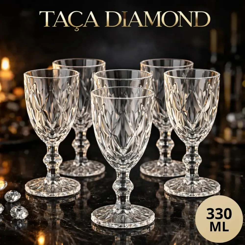 Kit 6 Taças Diamond 330ml Transparente Luxo Vidro Copo Diamante Cristal Suco Agua Vinho - Star House